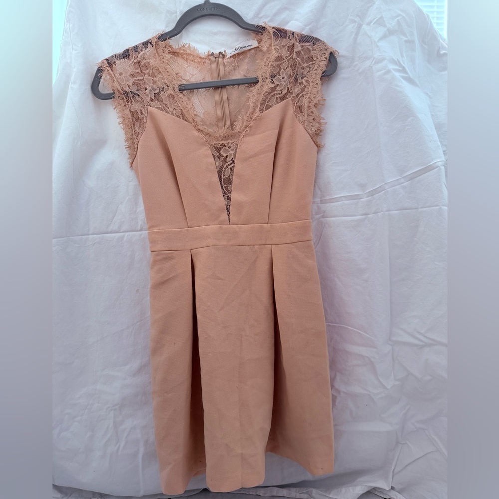 BCBGeneration Lace-Trimmed Mini Dress in Tan